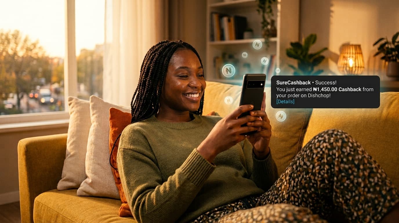 A customer at home receiving a Sure Cashback notification for cashback earned on a food order.