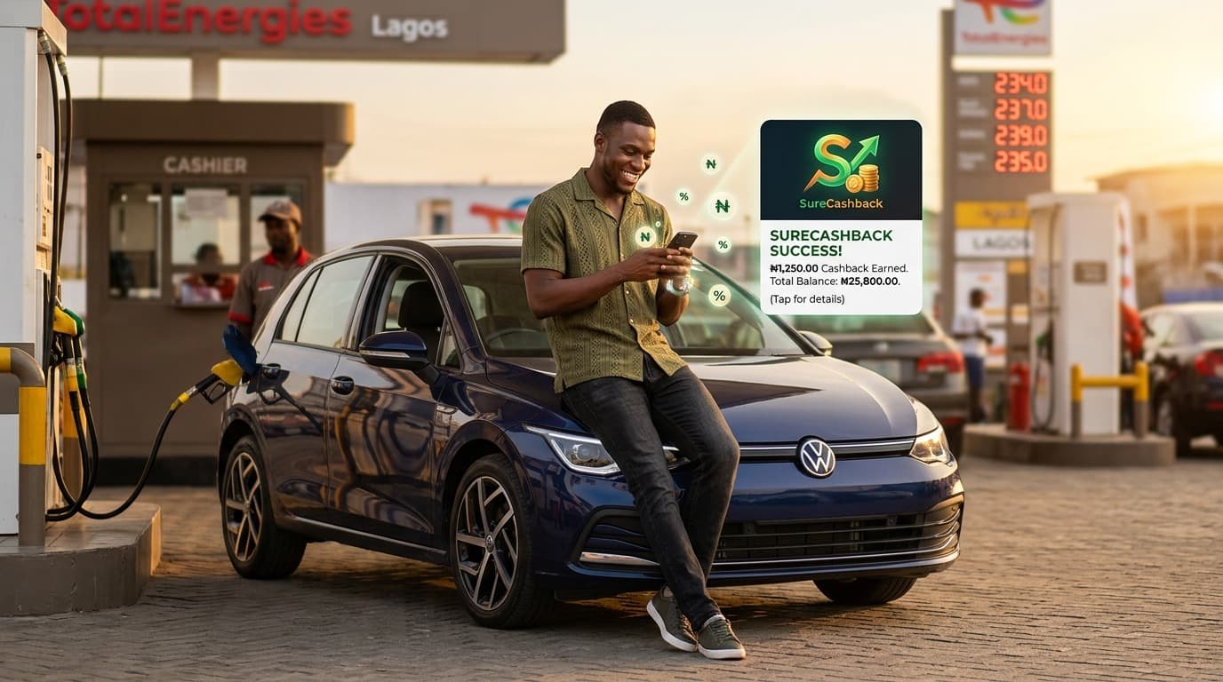 A customer at a fuel station in Lagos receiving a Sure Cashback notification for cashback earned.